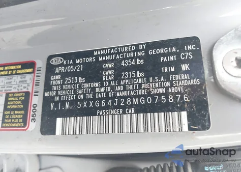 2021 Kia K5 Gt-Line z USA, uszkodzony, nr VIN 5XXG64J28MG075876